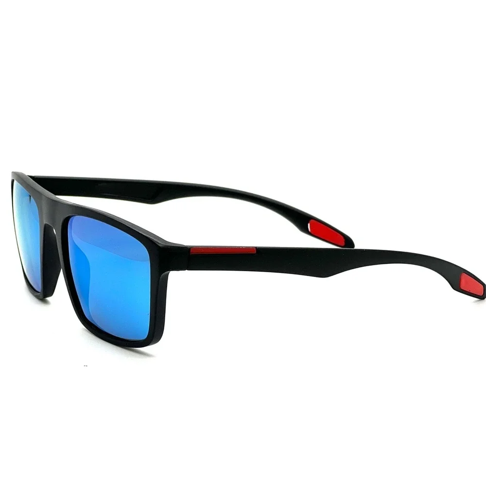 Mens Square Sunglasses Black Frame Blue Mirrored Lens Accents Outdoor Work Gafas
